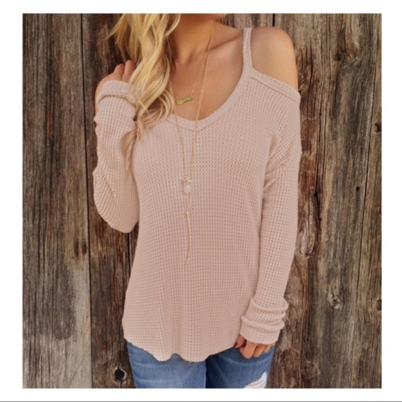 Infinity Raine Tops - LAST ONE! Rose Taupe Waffle Knit Cold Shoulder Top